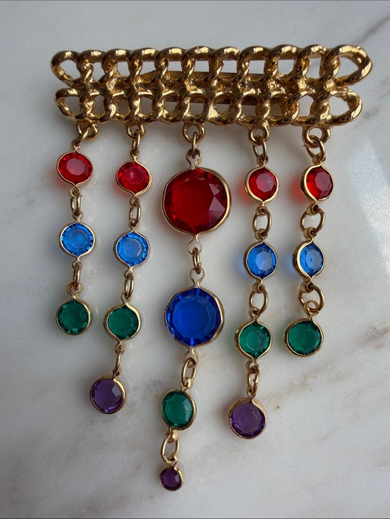 Vintage Jewelry - Vintage Cabochon Gold Multi-Color Gemstone Fringe Necklace- Retro ,Art Deco